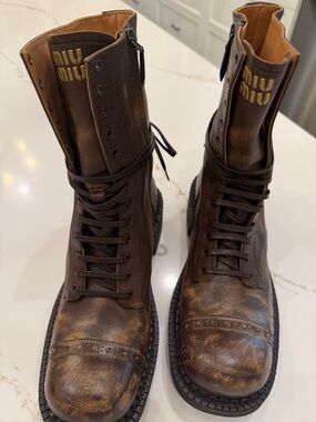 Miu Miu Distressed Brown Leather Lace-Up Combat Boots